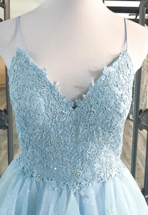 Blue tulle lace long prom dress A line evening dress    cg17407