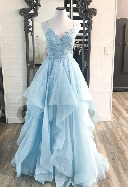 Blue tulle lace long prom dress A line evening dress    cg17407