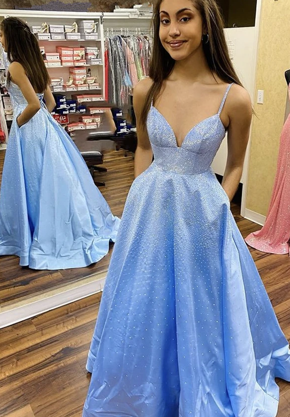 Blue satin beads long prom dress A line evening dress   cg17408