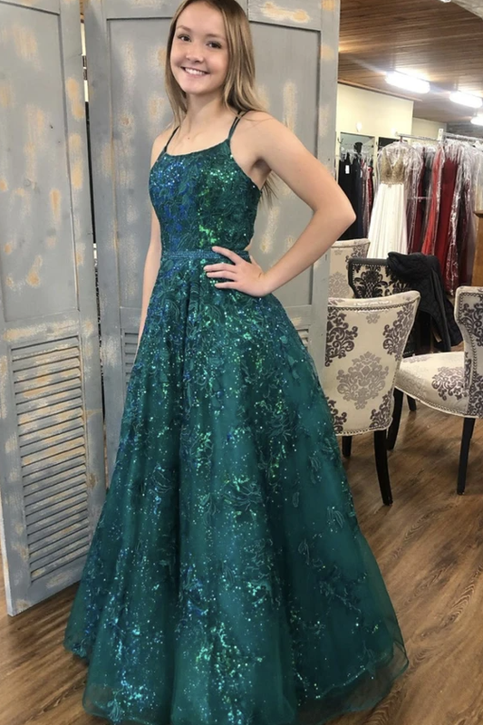 Green tulle sequins long A line prom dress evening dress   cg17409