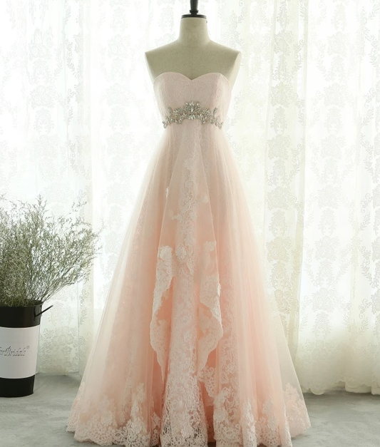 Pink Sweetheart Lace And Beaded Long Prom Dress, Pink Tulle Evening Dress   cg17412