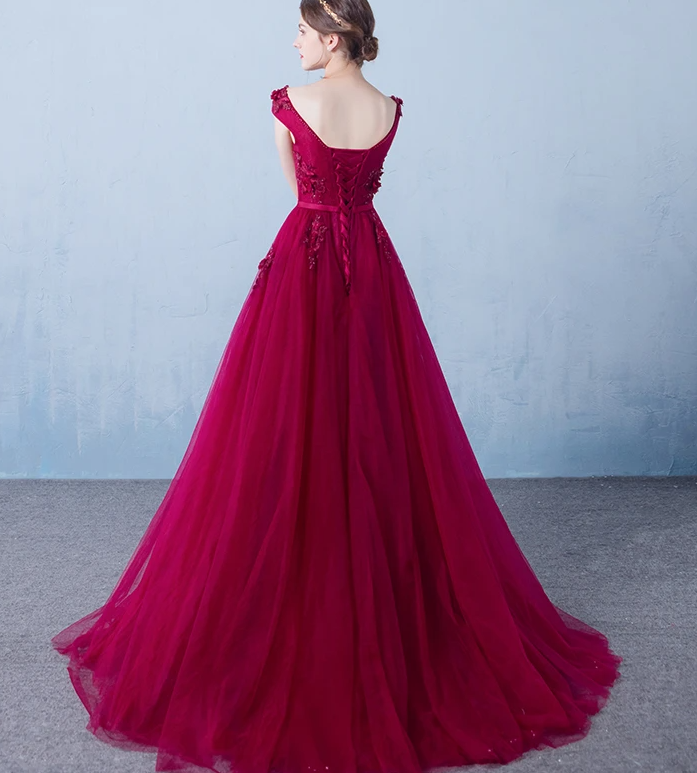 Wine Red Long Tulle Round Neckline Lace Applique Prom Dress, Tulle Evening Dress   cg17413