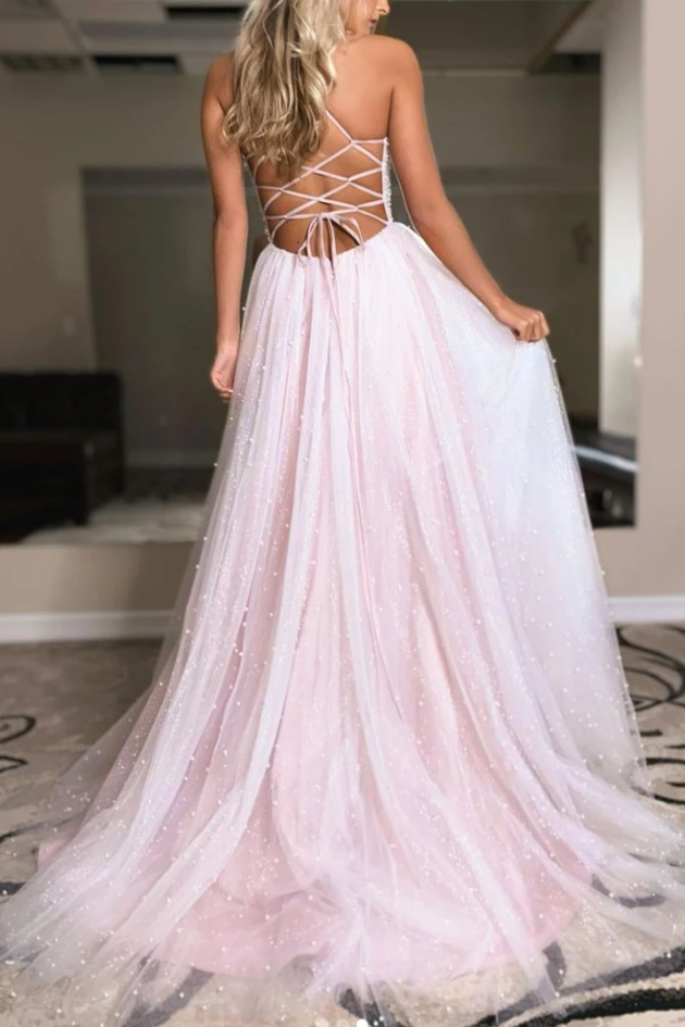 PINK V NECK TULLE BEADS LONG PROM DRESS PINK TULLE FORMAL DRESS   cg17416