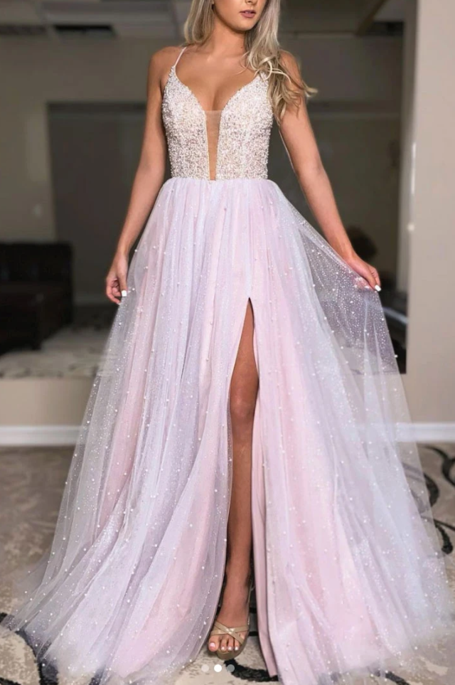 PINK V NECK TULLE BEADS LONG PROM DRESS PINK TULLE FORMAL DRESS   cg17416