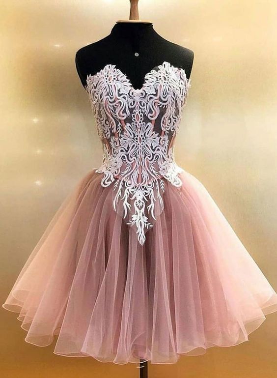 Pink tulle lace short dress, homecoming dress cg1742
