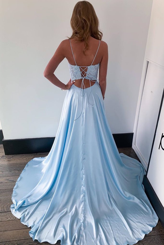 A Line Light Blue Lace Long Prom Dress with Slit, Light Blue Lace Formal Dress, Light Blue Evening Dress   cg17427