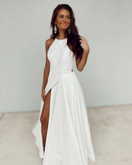 White Satin Simple Prom Dress, Sleeveless Prom Dress   cg17447