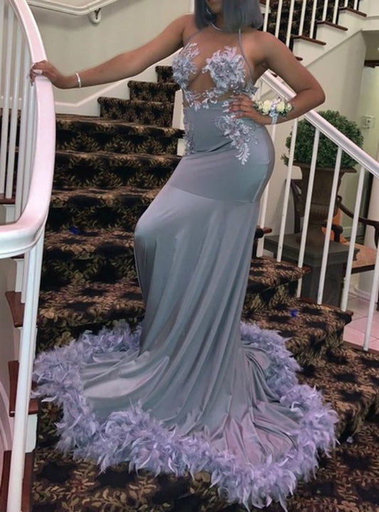 Gray Mermaid Halter Satin Backless Lace Appliques Prom Dresses,Feather Sweep Train Evening Dresses    cg17452