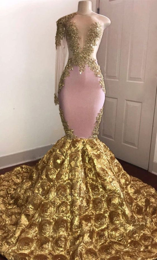 Stunning Gold Floral One Sleeve Mermaid Prom Dresses | African Prom Gowns   cg17475