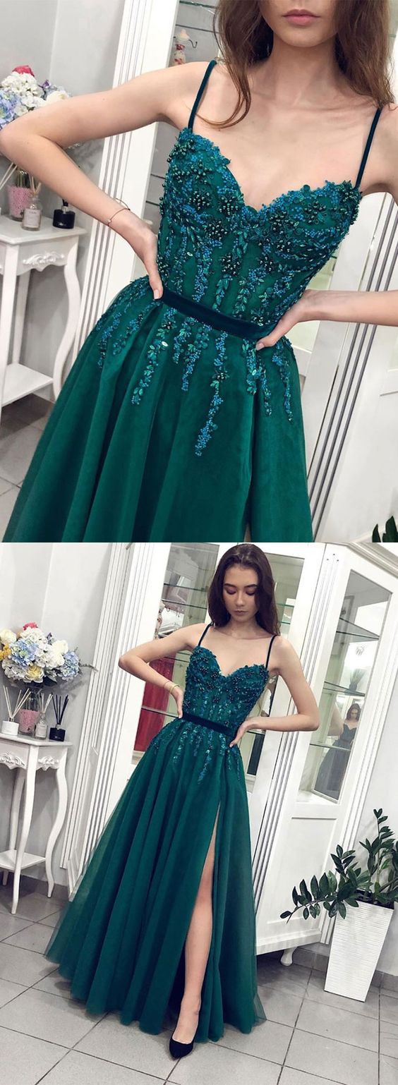 Green tulle beads long prom dress, green evening dress cg1748