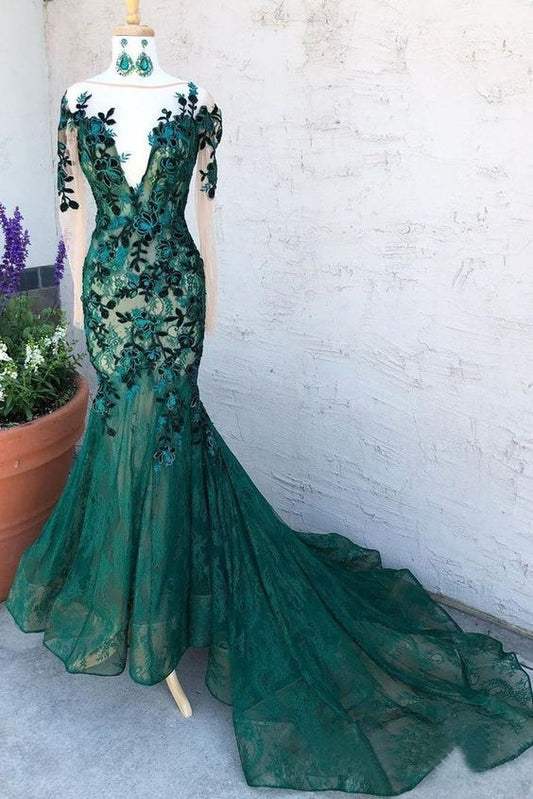 Mermaid Dark Green Prom Dresses With Long Sleeves Illusion Neck Party Dresses   cg17490