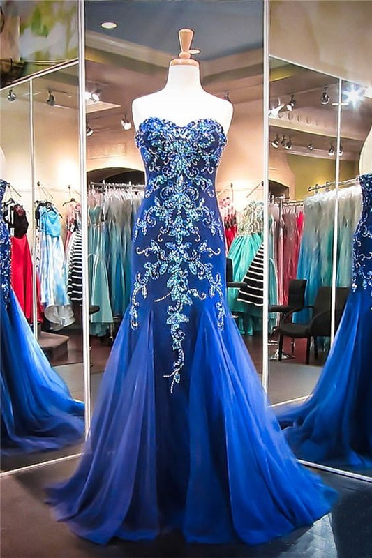 Gorgeous Mermaid Sweetheart Royal Blue Tulle Beaded Prom Dress   cg17493
