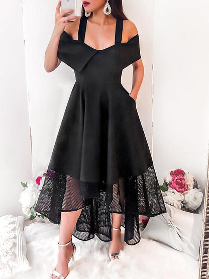 A-Line Two Straps Off Shoulder High Low Cheap Black Homecoming Dresses cg1750