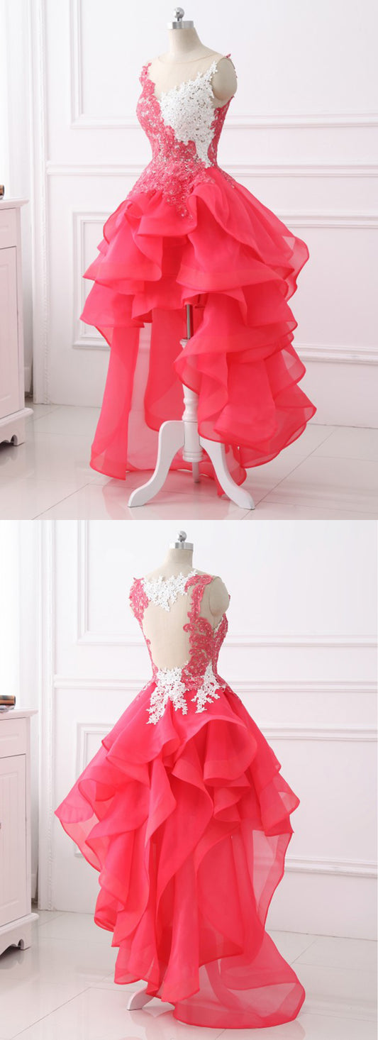 A-Line Coral Lace Layered High Low prom Dress, Lace Party Dress Formal Evening Gowns   cg17500