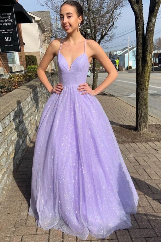 2021 A-line lavender sparkle long prom dress formal dress    cg17511