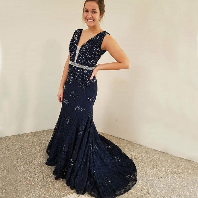 V-Neck Mermaid Beading Navy Blue Prom Dress   cg17514