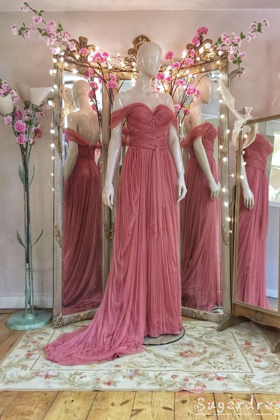 Vintage Pleated Off the Shoulder Rose Pink Prom Dress    cg17515