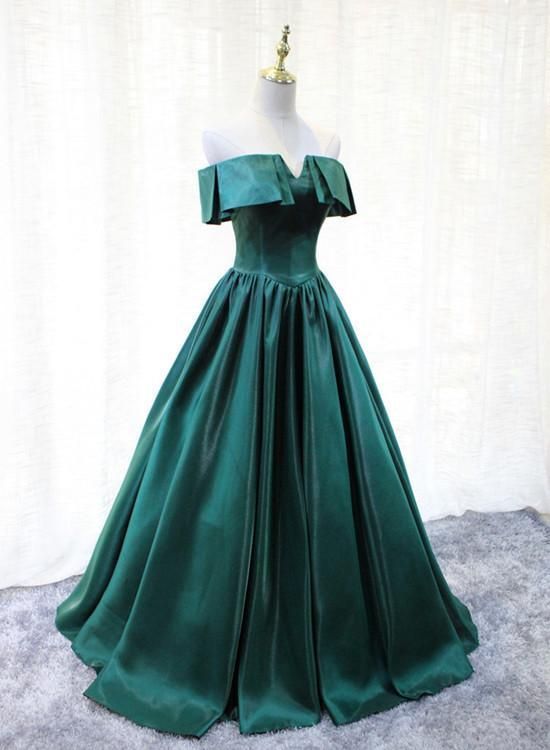 Dark Green Satin Off Shoulder Ball Gown Formal Prom Dress   cg17531