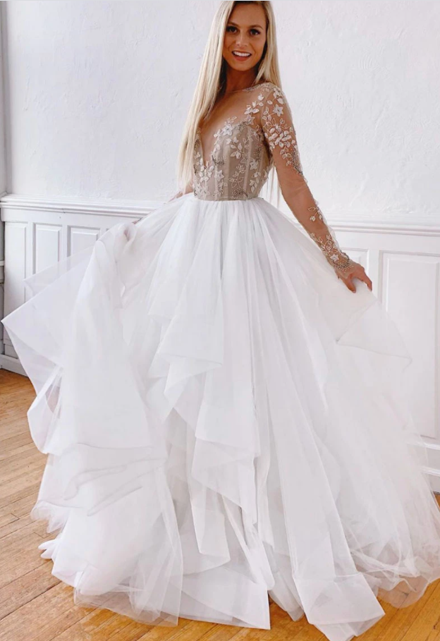 White round neck tulle lace long prom dress white evening dress   cg17535