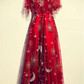 Burgundy tulle lace long prom dress, burgundy evening dress   cg17537