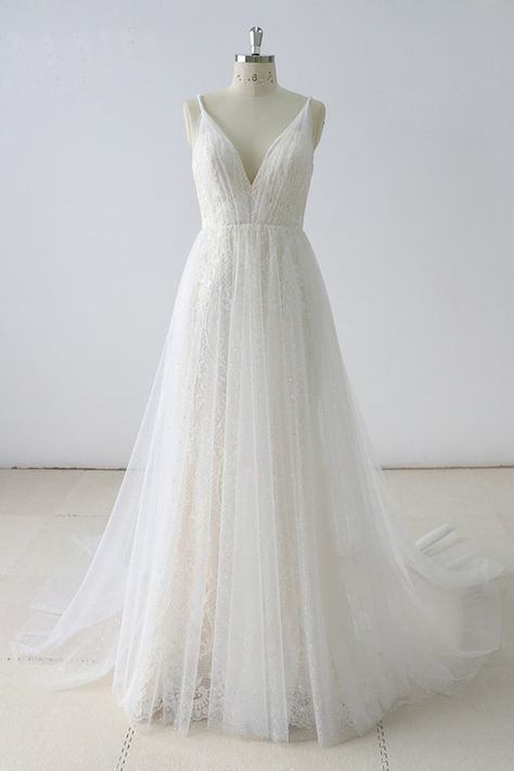 Simple White Lace V Neck Long Halter Prom Dresses, Long Wedding Dress cg1754