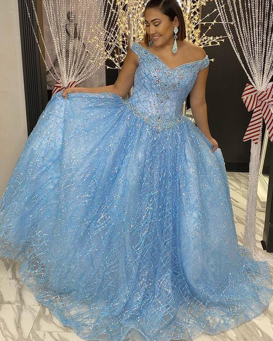 V-neck Light Blue Sequin Pleated Beading Prom Dress   cg17542