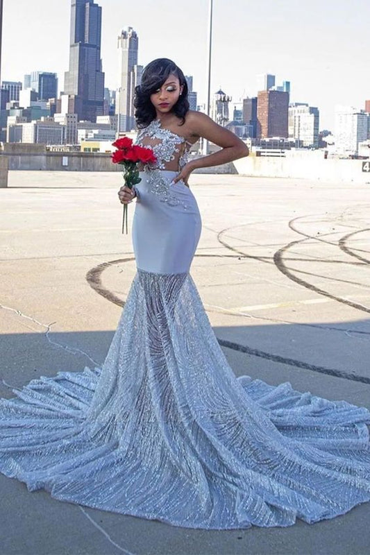 One Shoulder Appliques Slim Mermaid Evening Dress Sweet Train Prom Dress     cg17553