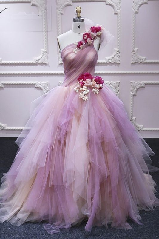 Pink Tulle One Shoulder Flowers Applique Sweet 16 Prom Dress, Ruffles Quinceanera Dress   cg17554