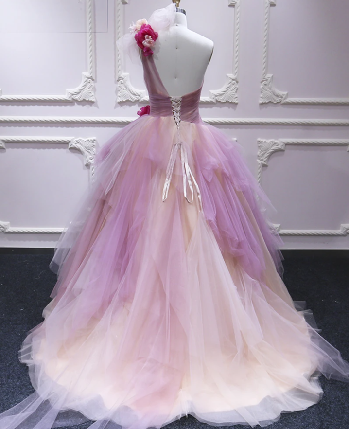 Pink Tulle One Shoulder Flowers Applique Sweet 16 Prom Dress, Ruffles Quinceanera Dress   cg17554