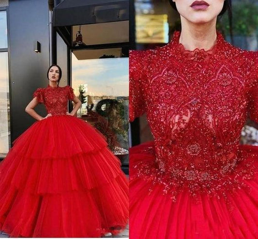 red ball gown prom dresses lace appliqué beaded short sleeve elegant tiered luxury prom gowns   cg17562