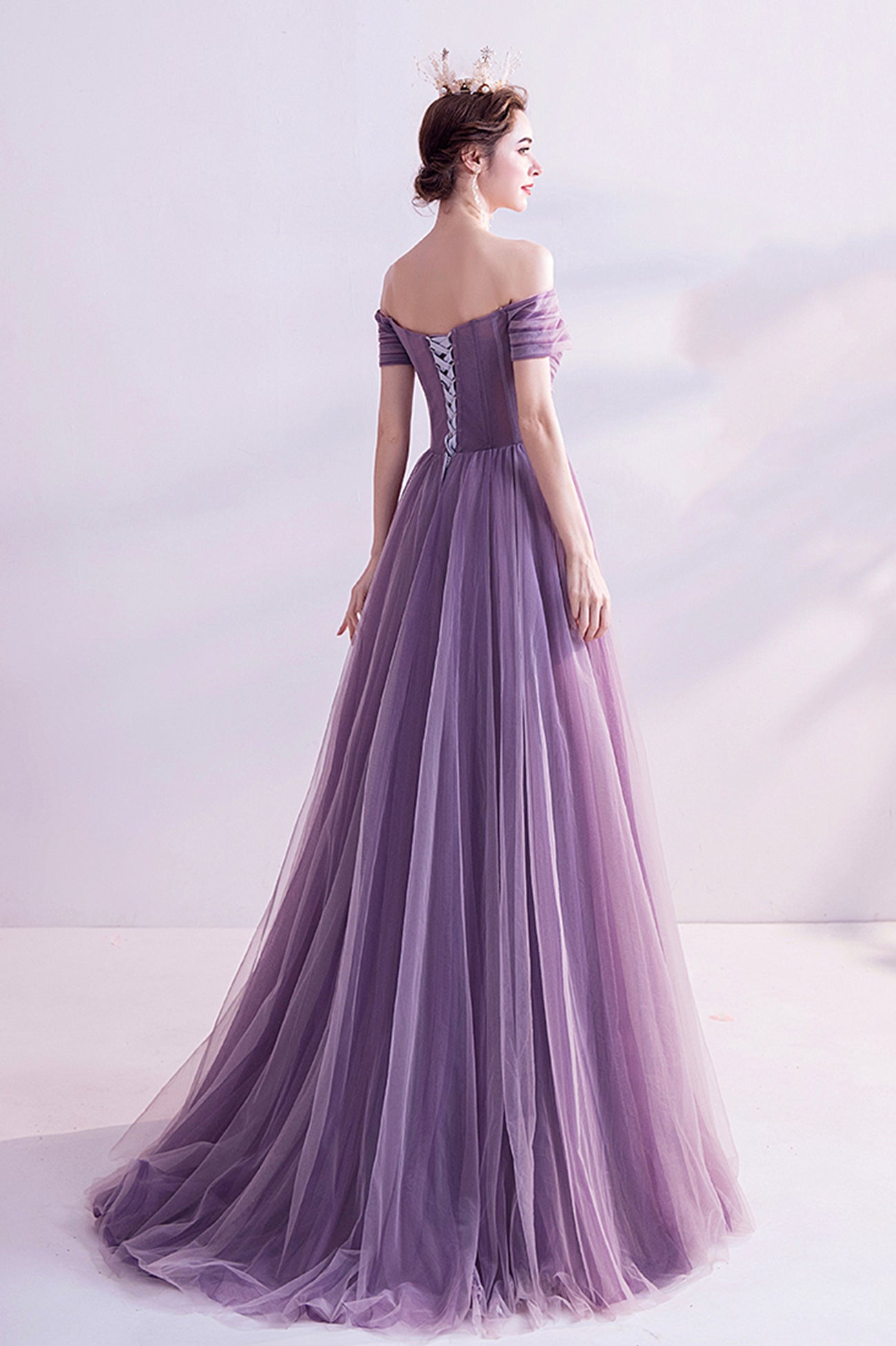 PURPLE TULLE LONG PROM DRESS A LINE EVENING DRESS   cg17569