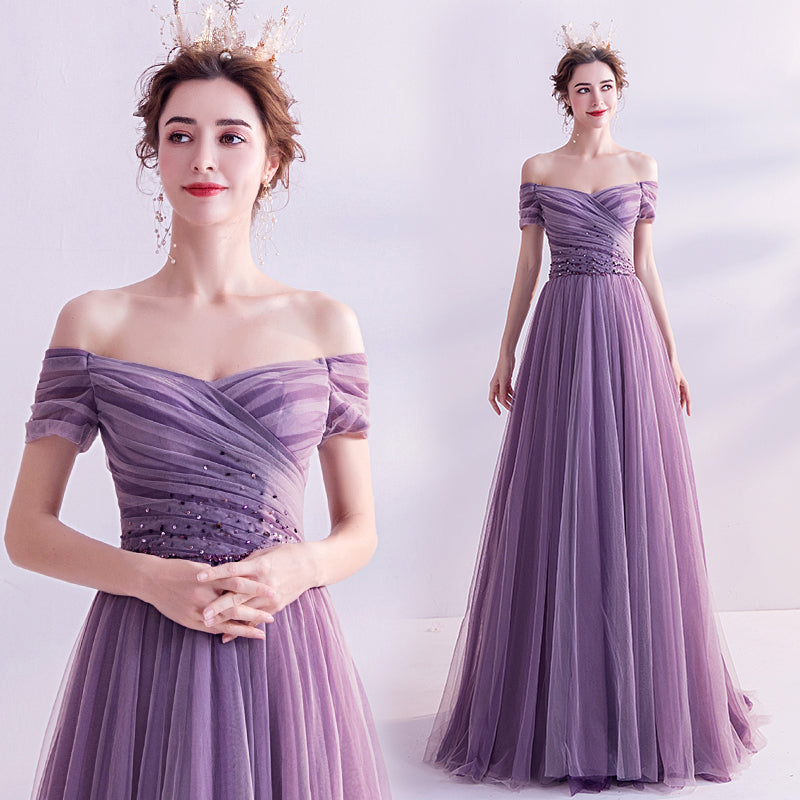 PURPLE TULLE LONG PROM DRESS A LINE EVENING DRESS   cg17569