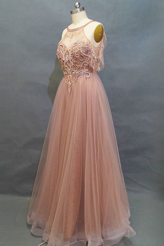 Elegant Beaded A-Line Dusty Rose Long Prom Dress    cg17570