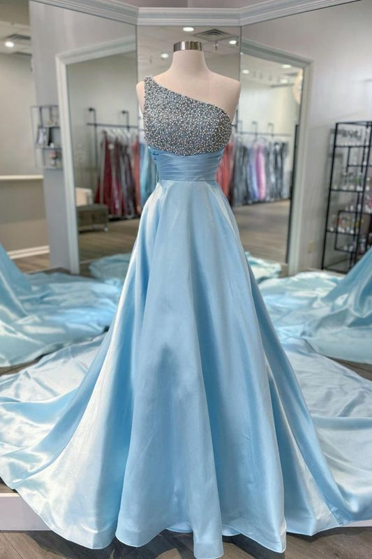 beaded one shoulder light blue long formal dress with train Prom Dress    cg17571