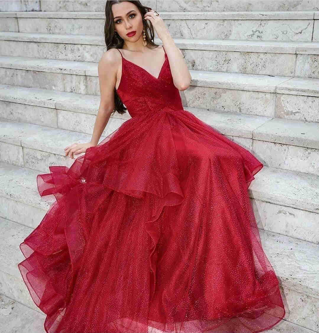 Glitter Straps V-Neck Red Long Prom Dress   cg17580