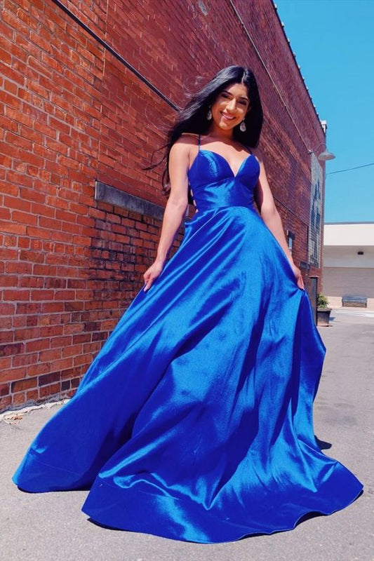 Royal Blue V-Neck Satin Long Prom Dress   cg17582