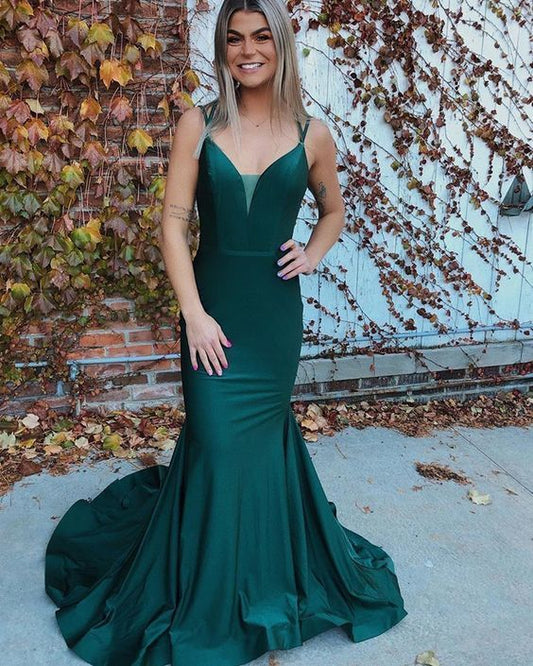 Double Spaghetti Straps Green Satin Mermaid Prom Dress    cg17601