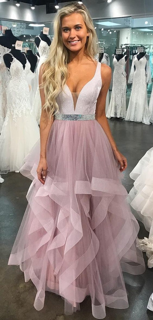 V neck Bling Prom Dresses, Tiered Ruffles Skirt Prom Dress   cg17604