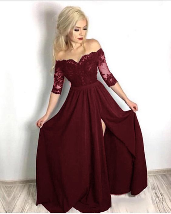 Burgundy long prom dress for girls with lace   cg17605