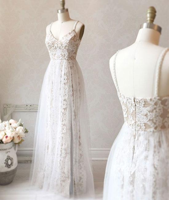 White v neck tulle lace long prom dress, white evening dress   cg17608