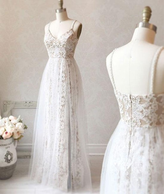 White v neck tulle lace long prom dress, white evening dress   cg17608