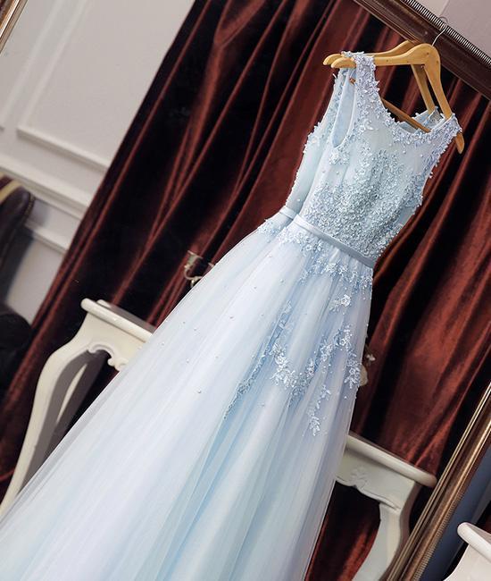 Light blue round neck lace tulle long prom dress blue evening dress   cg17612