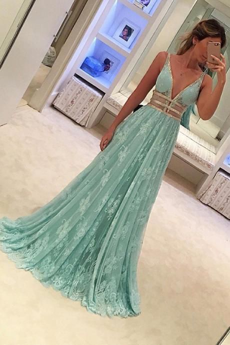 Mint Prom Dresses,V-neck Prom Dresses,Long Prom Dress,Elegant Prom Gowns,Evening Dresses   cg17624