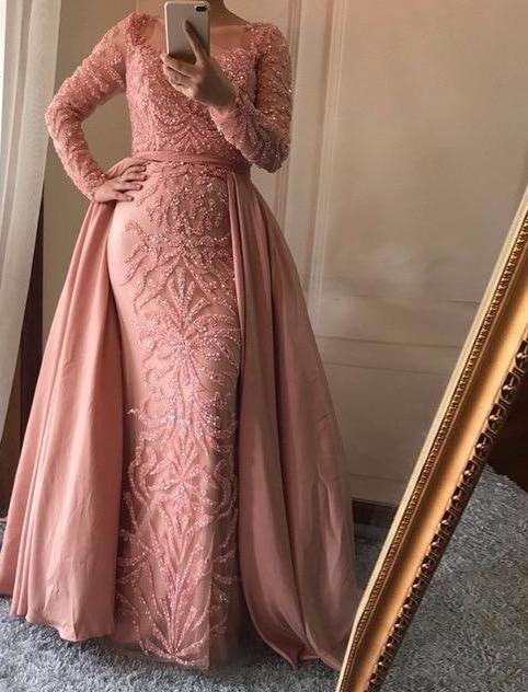 Sexy Sheer Long Sleeve Evening Dresses Crystal Beaded Muslim Prom Dress Party Gown   cg17629