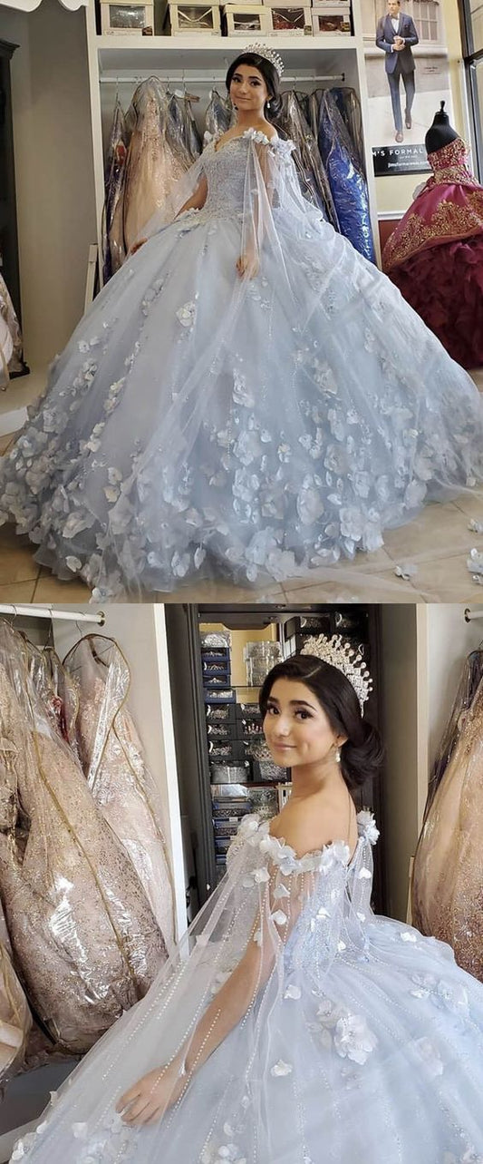 prom dress Light Blue Quinceanera Dress 2021 Off Shoulder Flowers Sequins Beads Puffy Party Princess Sweet 16 Gown   cg17636