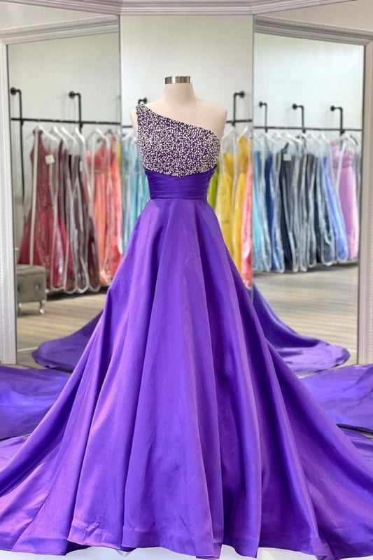 beaded one shoulder purple long formal dress prom dress 2021   cg17638