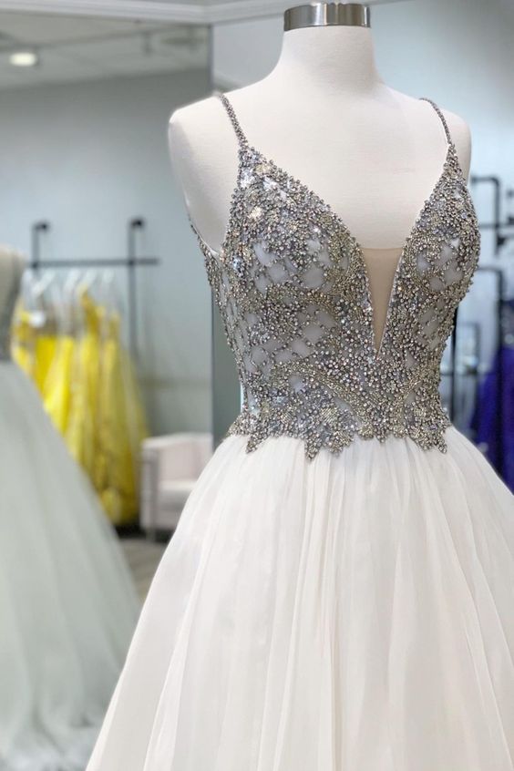 white A-line long formal dress with beaded bodice, 2021 white long formal dress prom dress 2021   cg17640