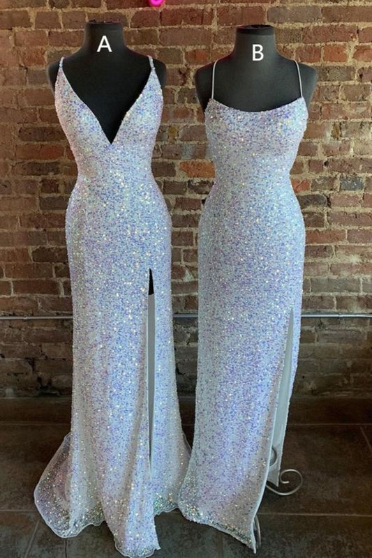 gorgeous mermaid white sequined long prom dresses formal dresses with side slit   cg17641