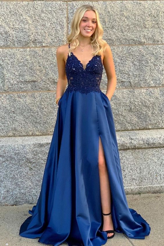 A-Line Lace Appliques Royal Blue Long Prom Dress   cg17644