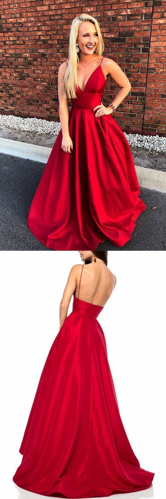 red v neck long A line prom dress evening dress   cg17646